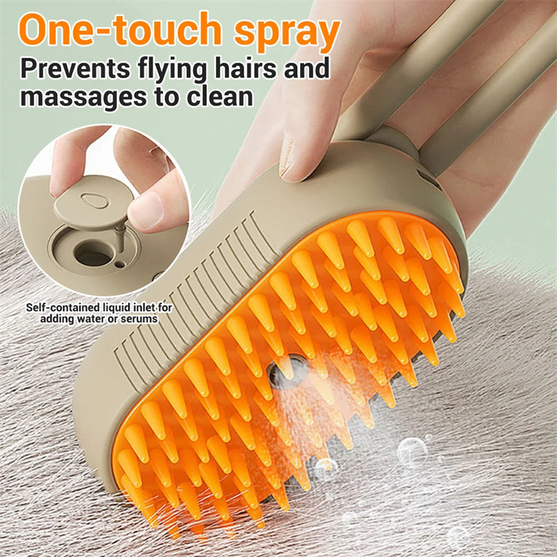 Steam pet brush spraying a fine water mist