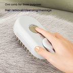 Steam pet brush gliding through grey fur