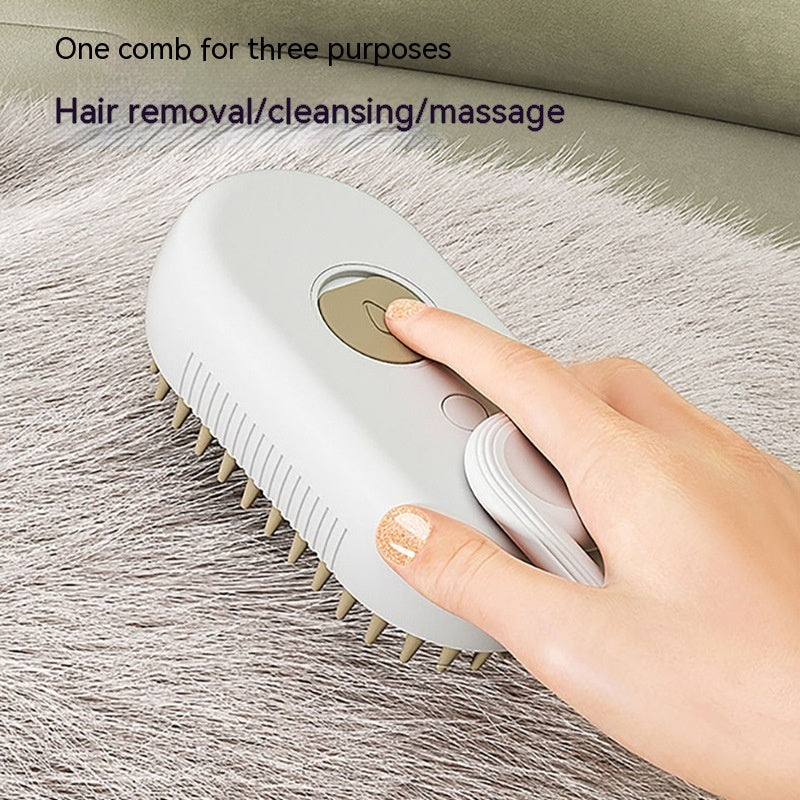 Steam pet brush gliding through grey fur
