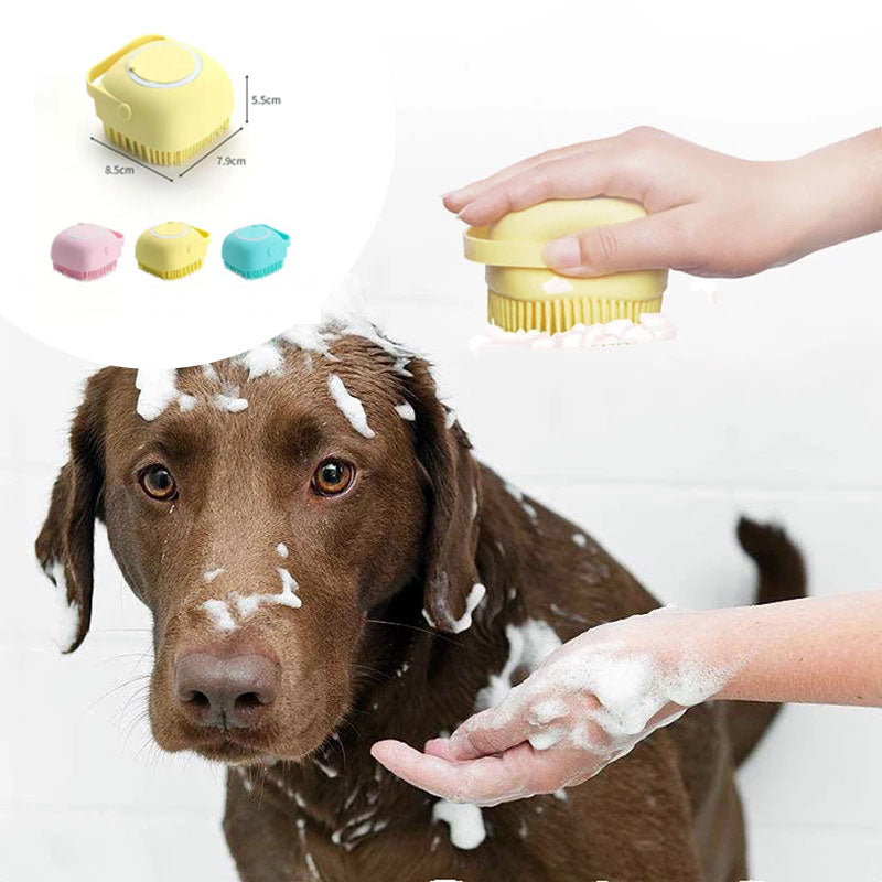 Dog being washed with the silicone bath brush
