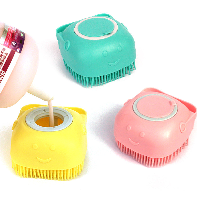 Pouring shampoo into the bath brush dispenser