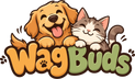 Wag Buds logo: a happy golden retriever and a tabby cat